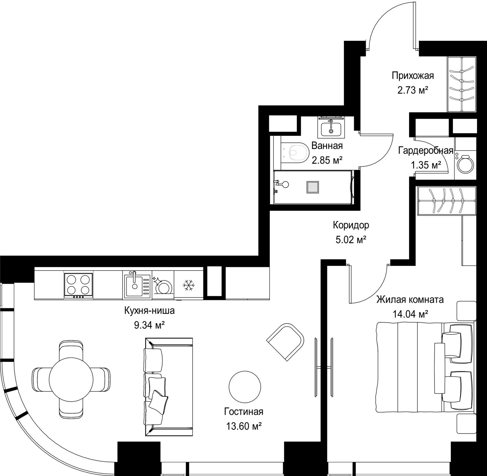 1-комнатная квартира, 48,9 м²