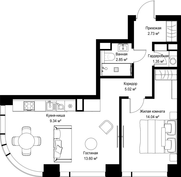 1-комнатная квартира, 48,9 м²
