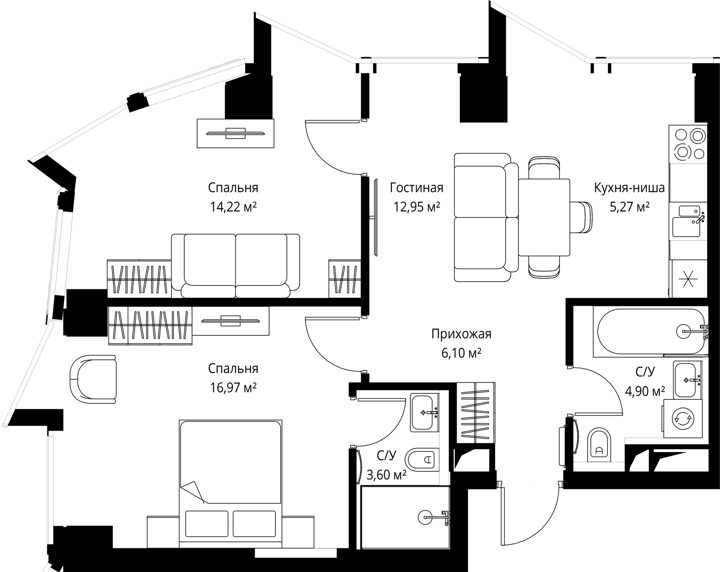 2-комнатная квартира, 63,7 м²