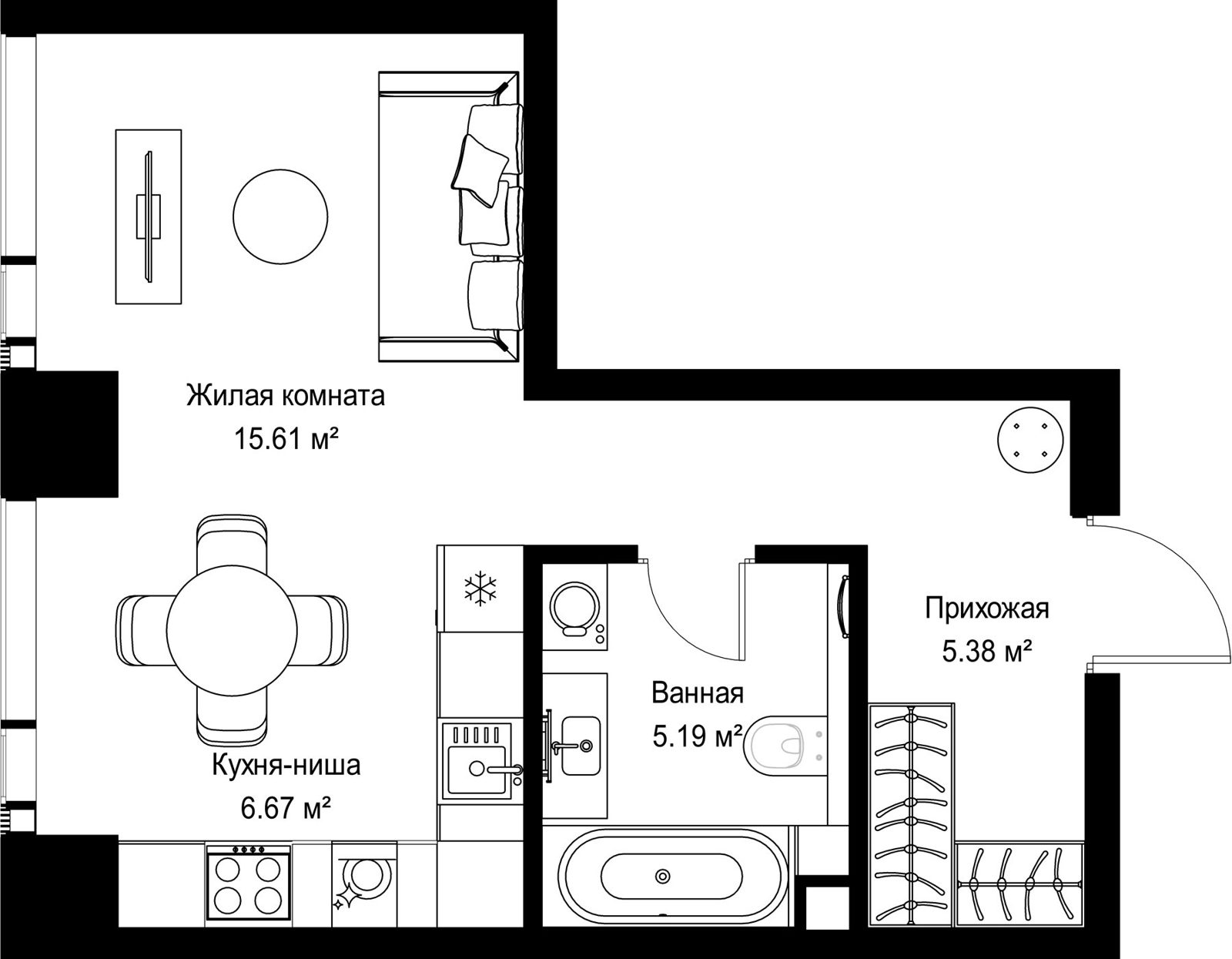Квартира-студия, 32,9 м²