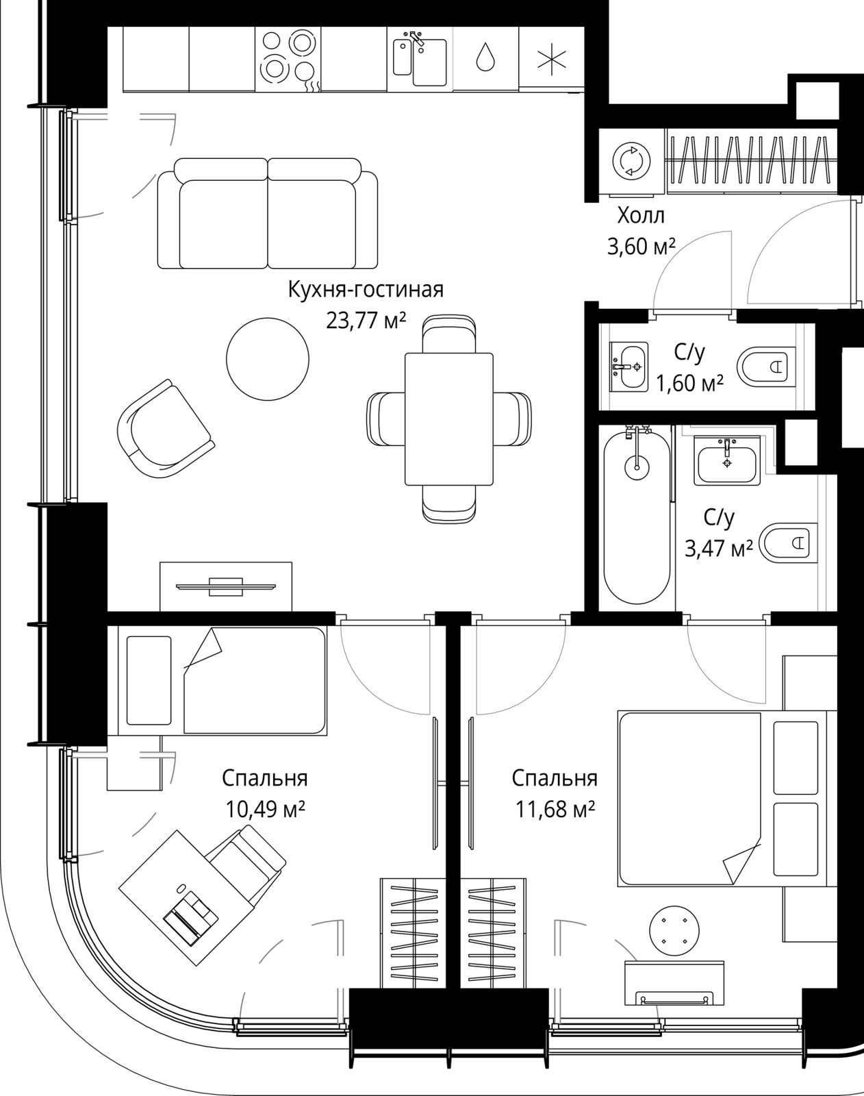 2-комнатная квартира, 53,9 м²
