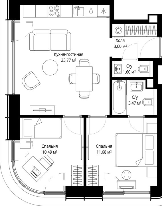 2-комнатная квартира, 53,9 м² — фото 1