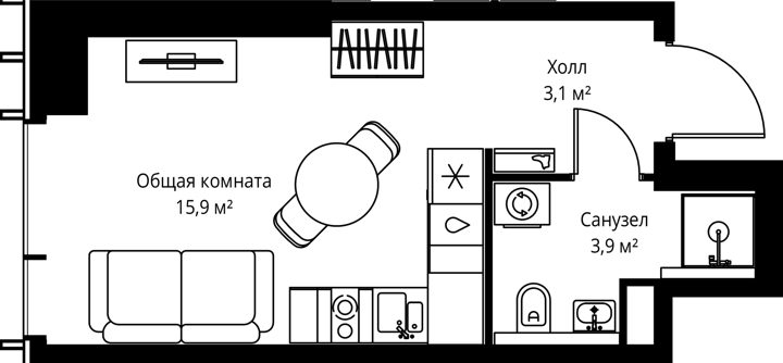 Квартира-студия, 22,9 м²