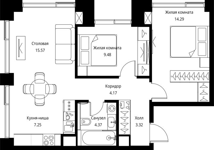 2-комнатная квартира, 58,5 м² — фото 1