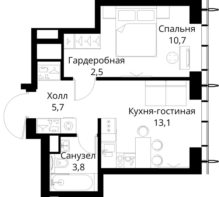 1-комнатная квартира, 35,8 м² — фото 1