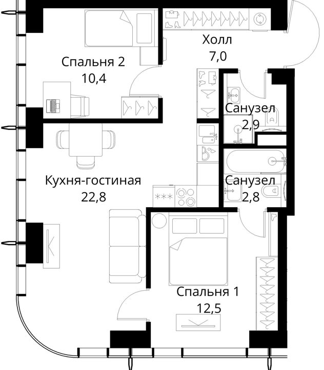 2-комнатная квартира, 58,4 м² — фото 1