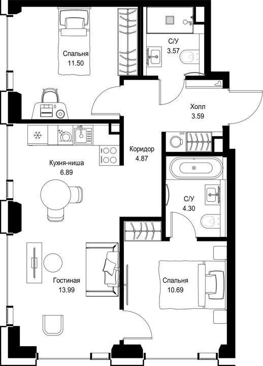 2-комнатная квартира, 59,4 м²