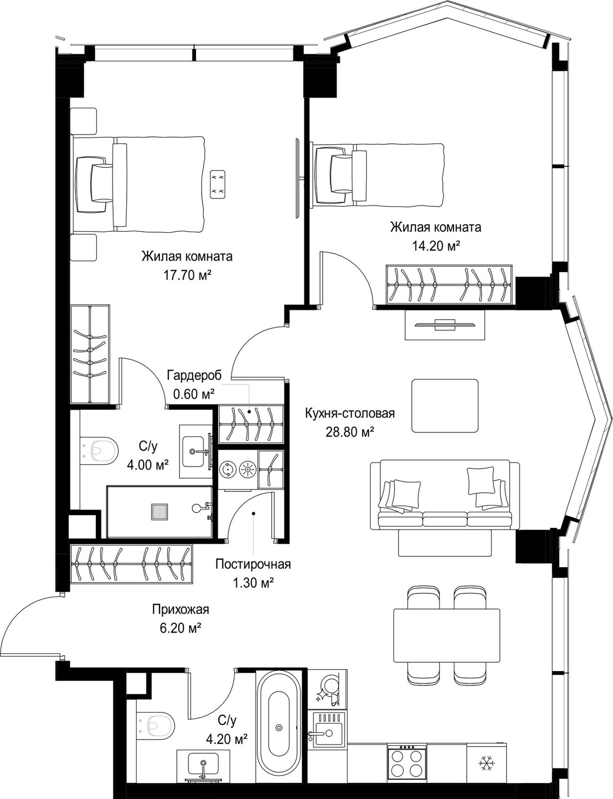 2-комнатная квартира, 77 м²