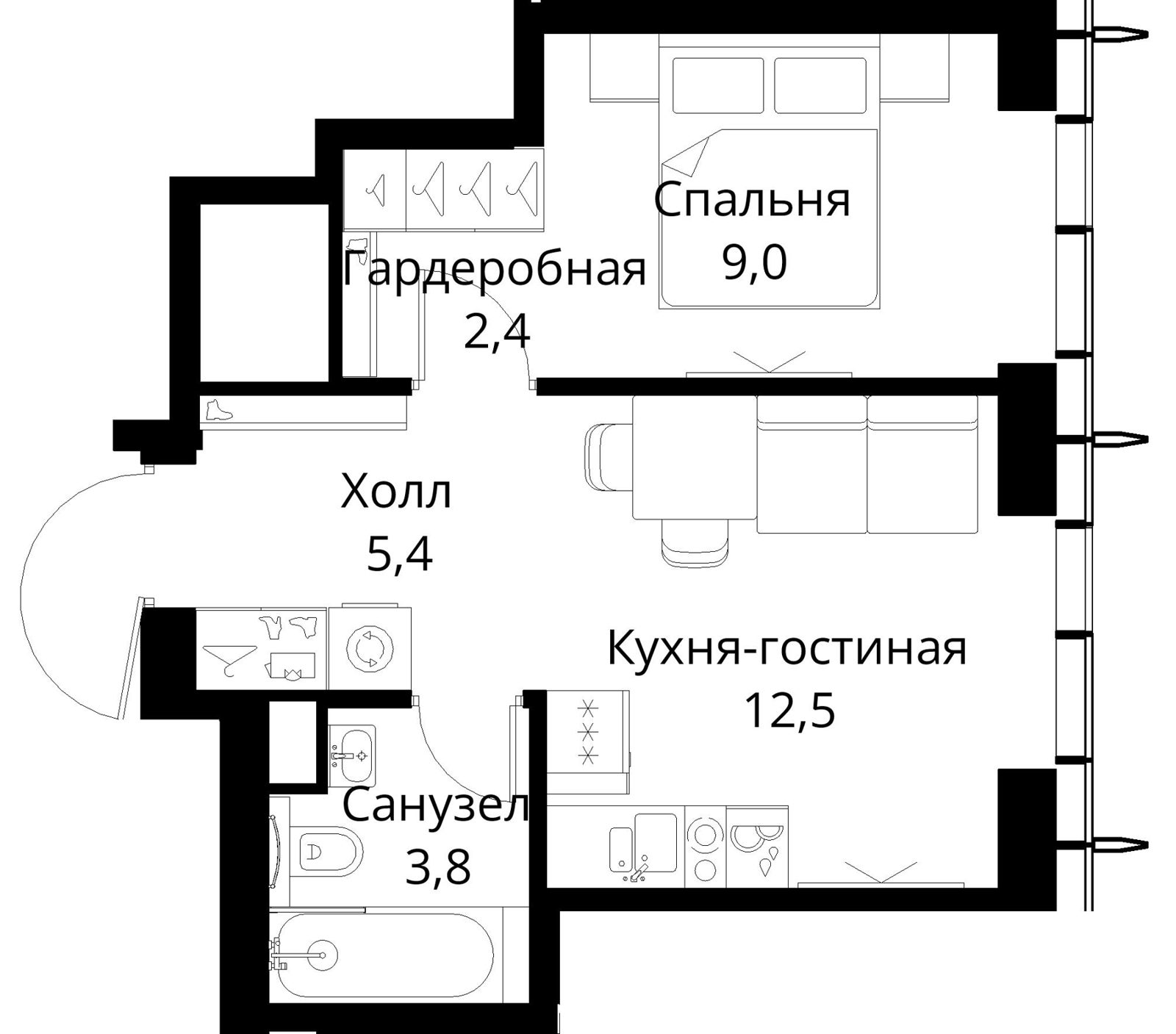 1-комнатная квартира, 33,1 м²