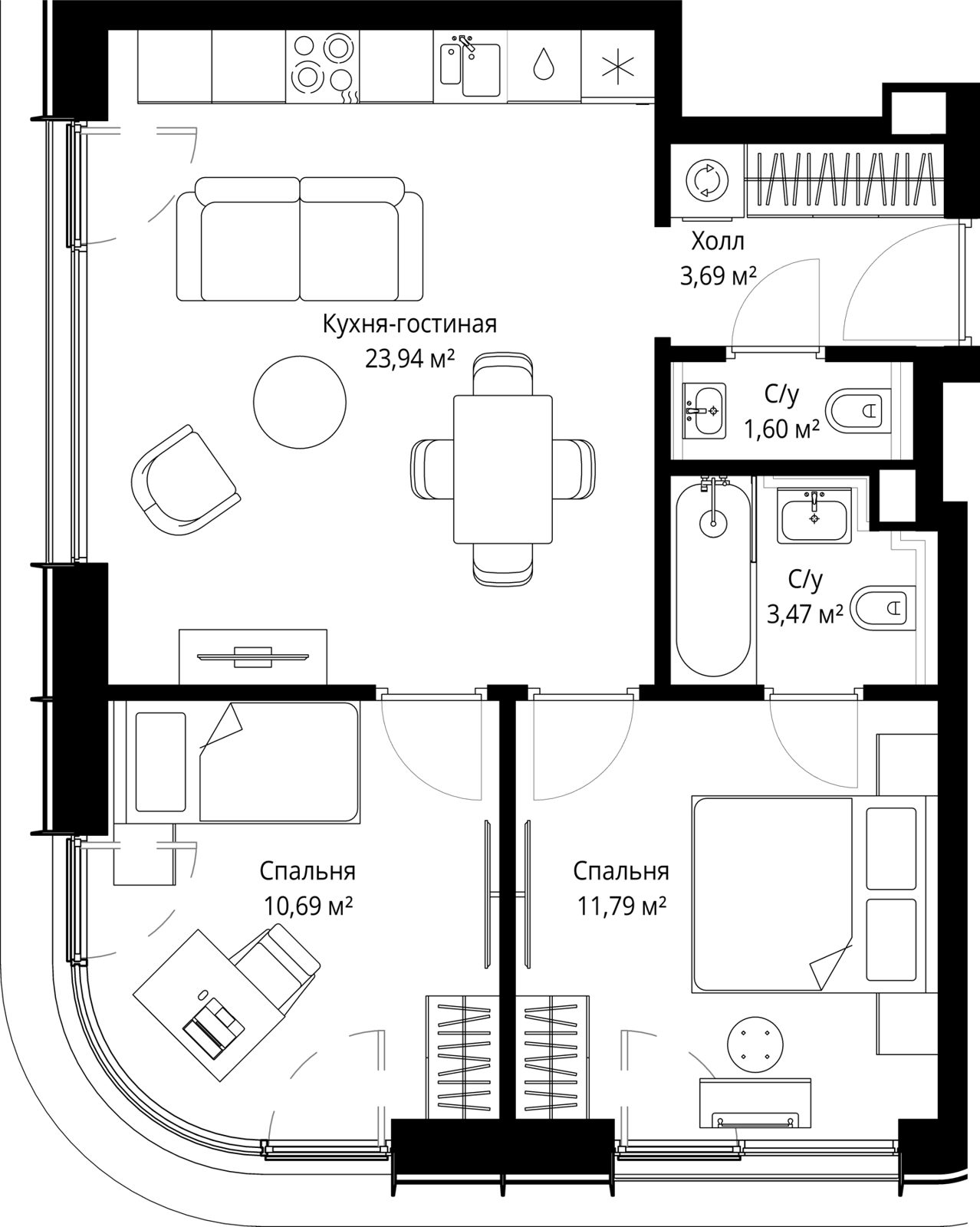 2-комнатная квартира, 54,4 м²