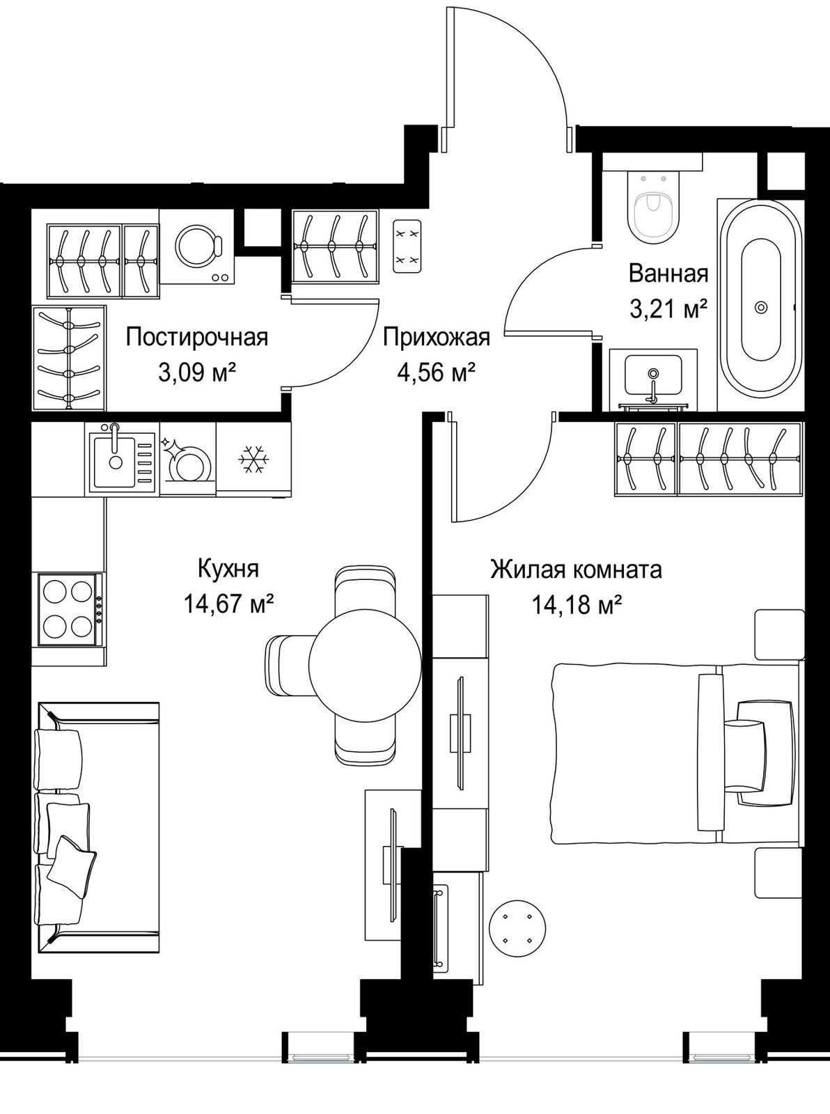 1-комнатная квартира, 39,7 м²