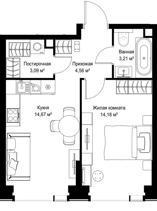 1-комнатная квартира, 39,7 м² — фото 1