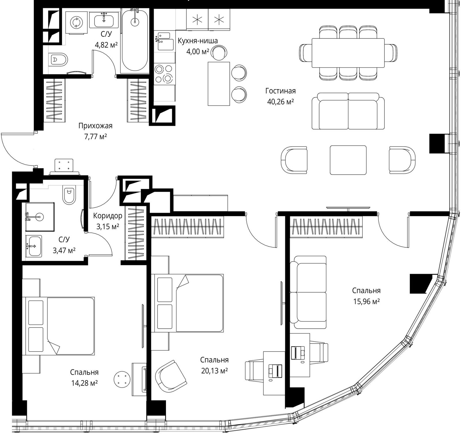3-комнатная квартира, 115 м²