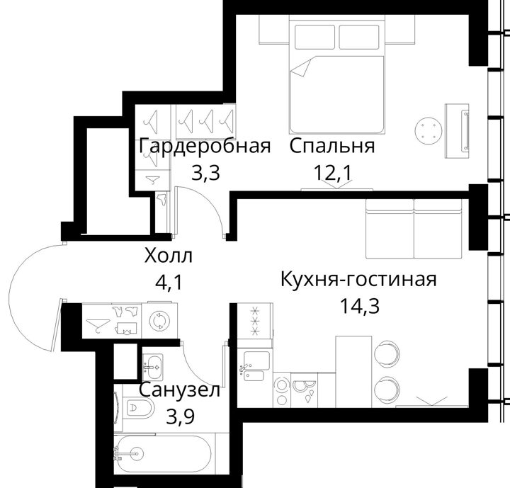 1-комнатная квартира, 37,7 м² — фото 1