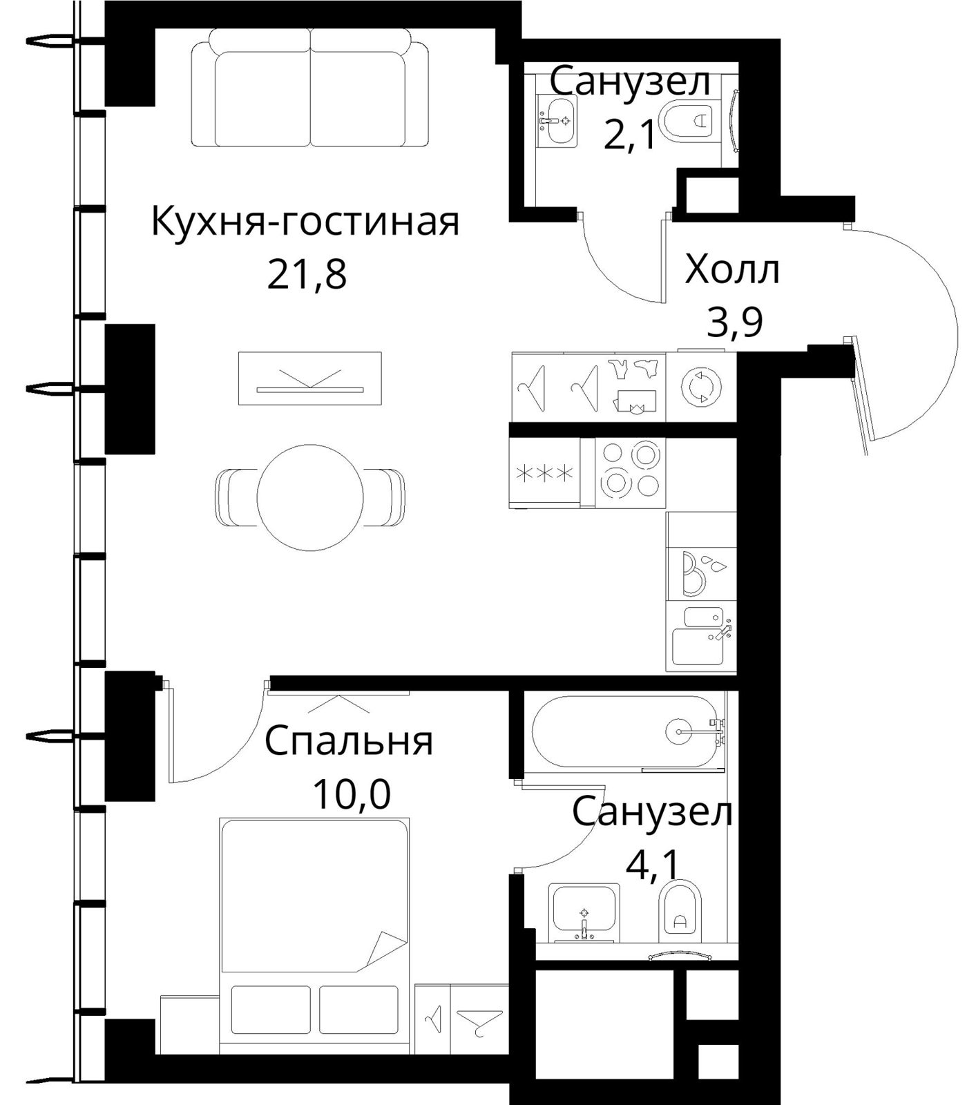 1-комнатная квартира, 41,9 м²