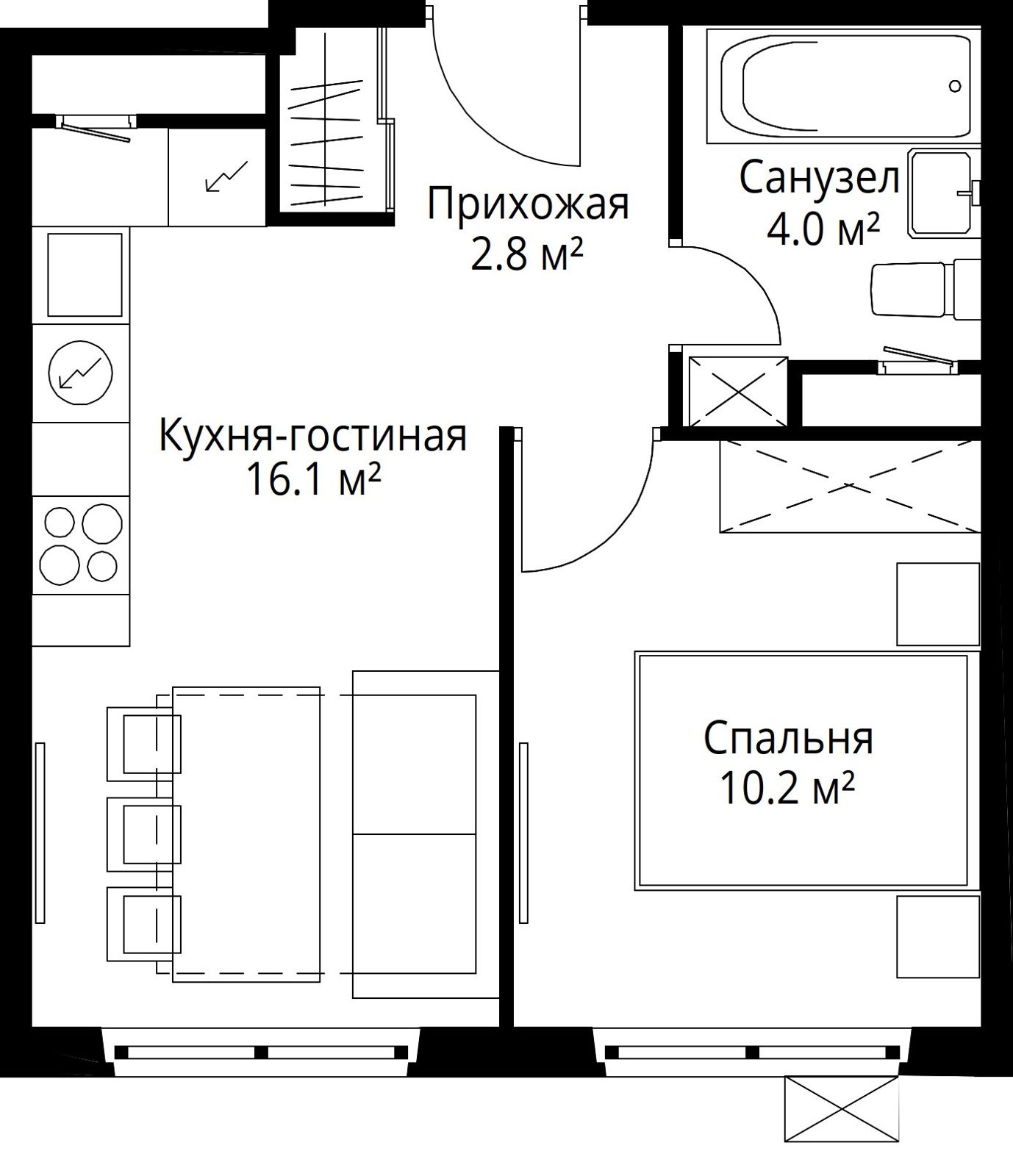 1-комнатная квартира, 33,1 м²
