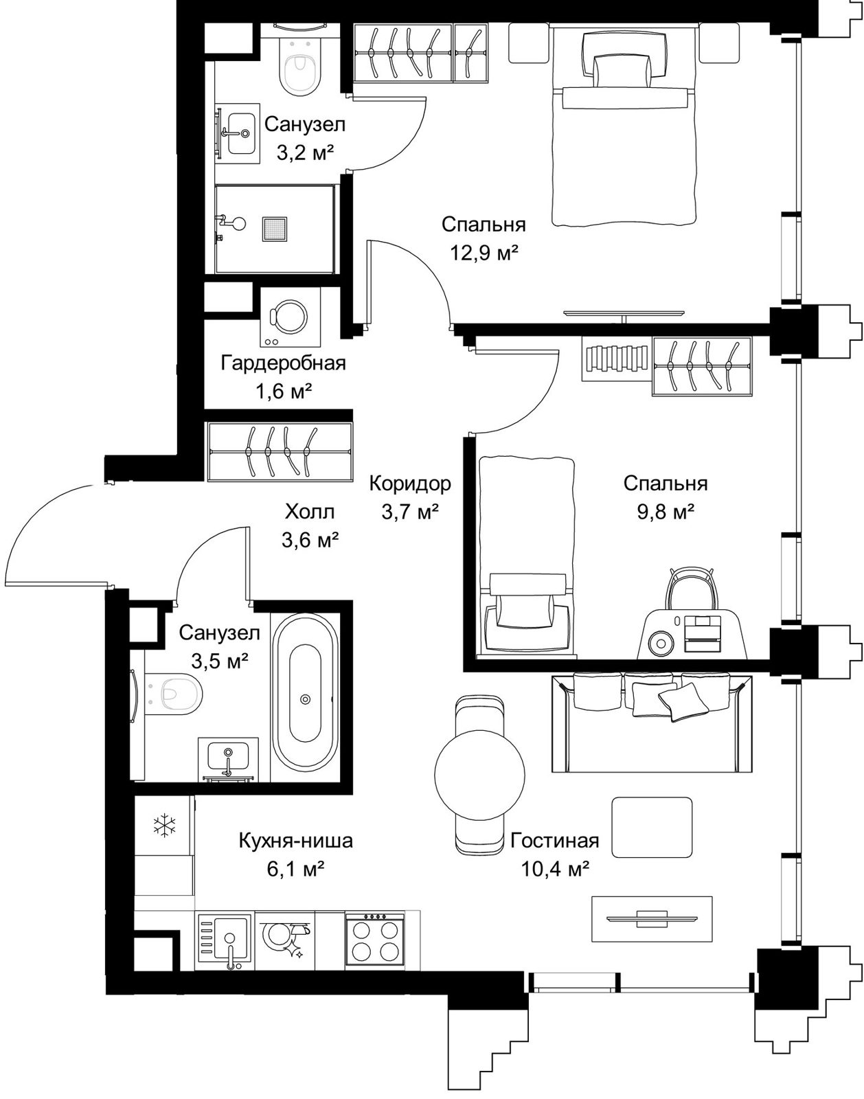 2-комнатная квартира, 54,8 м²