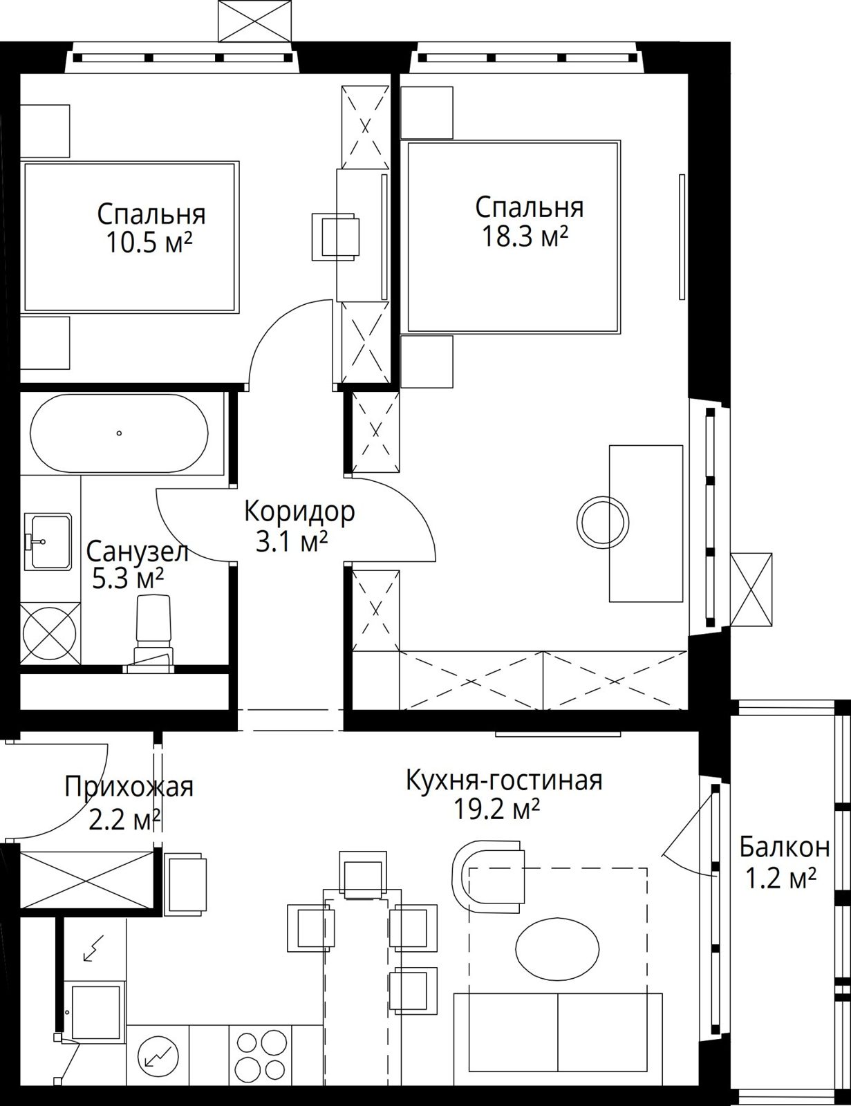 2-комнатная квартира, 59,8 м²