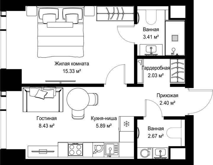 1-комнатная квартира, 40,2 м²