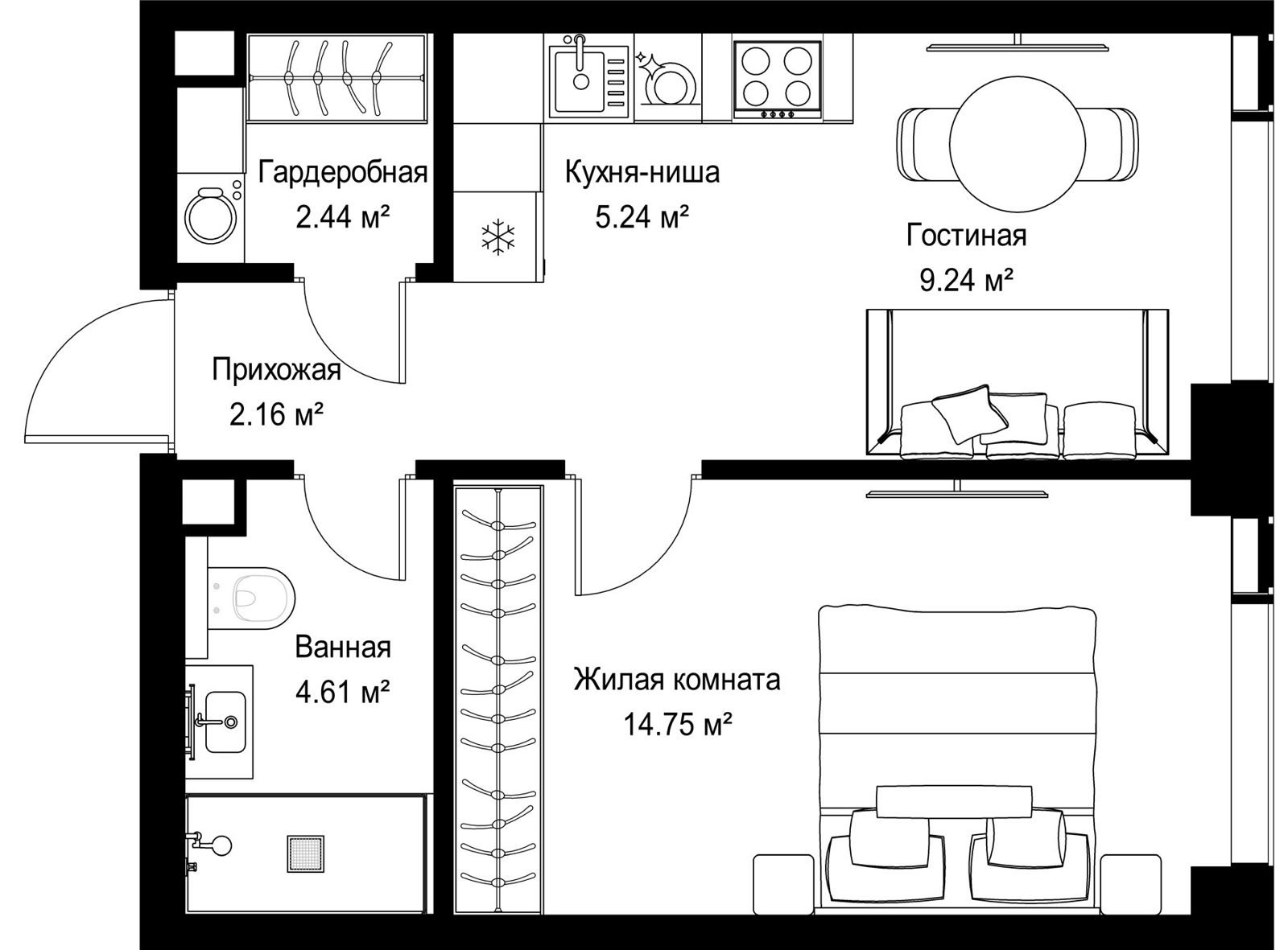 1-комнатная квартира, 38,4 м²
