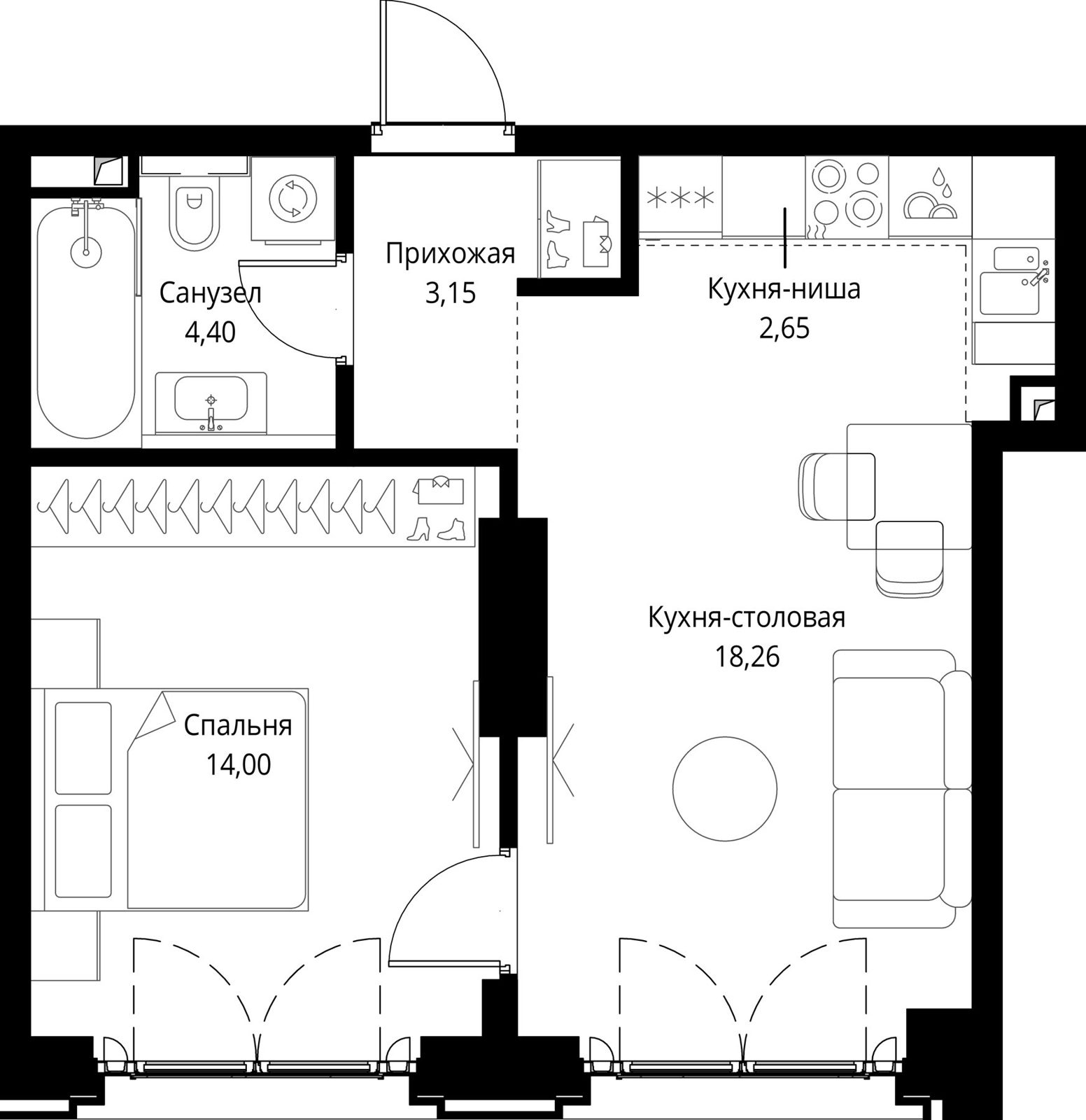 1-комнатная квартира, 42,5 м²
