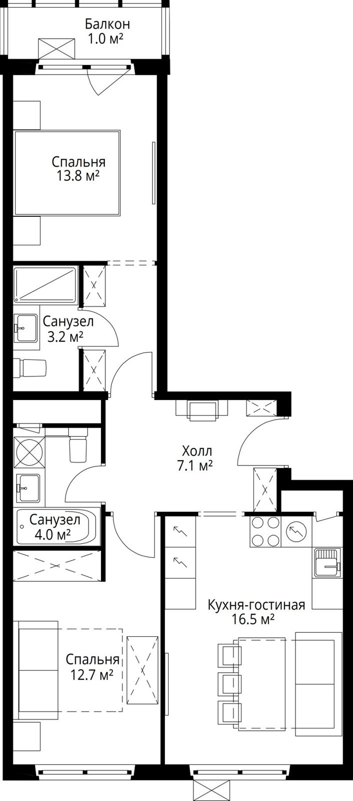 2-комнатная квартира, 58,3 м²