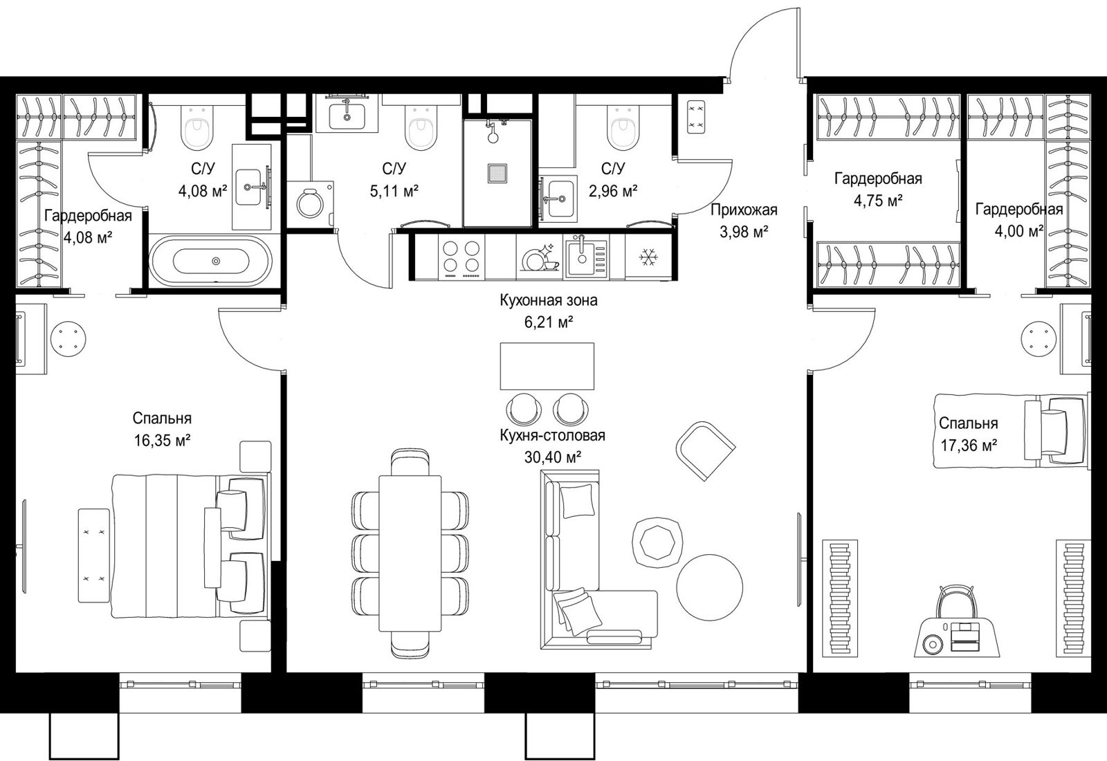 2-комнатная квартира, 99,3 м²