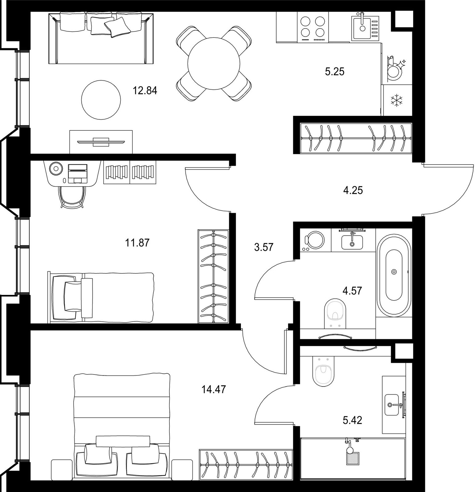 2-комнатная квартира, 62,2 м²