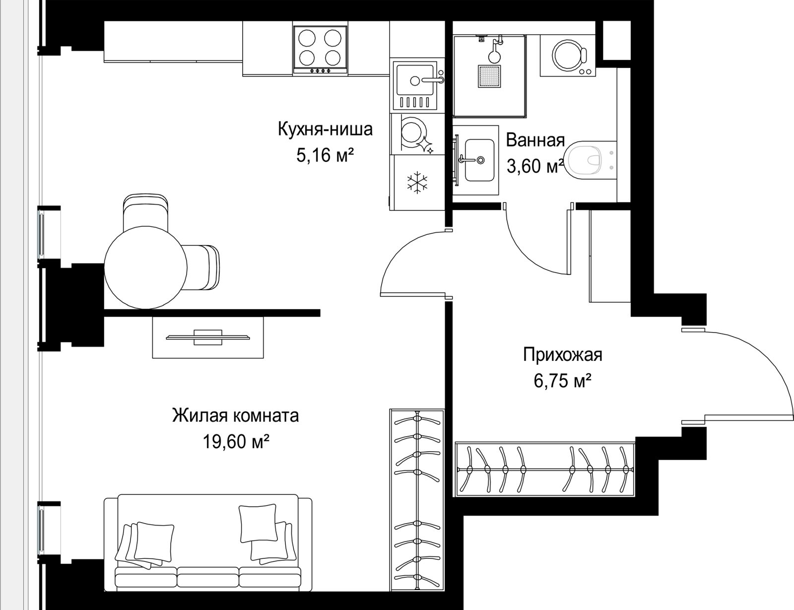 1-комнатная квартира, 35,1 м²