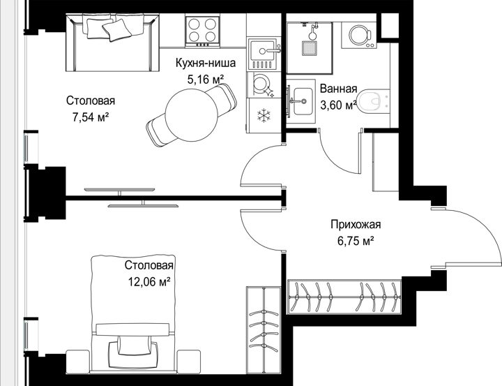 1-комнатная квартира, 35,1 м² — фото 2