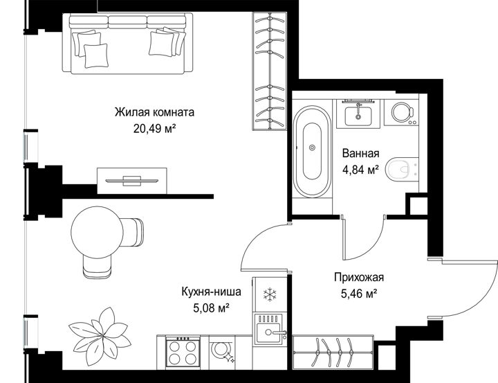 1-комнатная квартира, 35,9 м² — фото 1