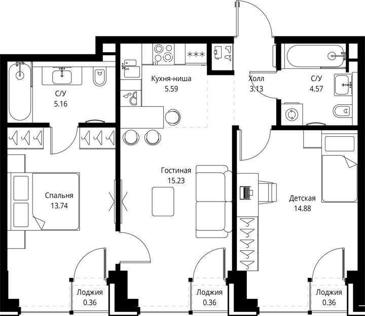 2-комнатная квартира, 63,4 м²
