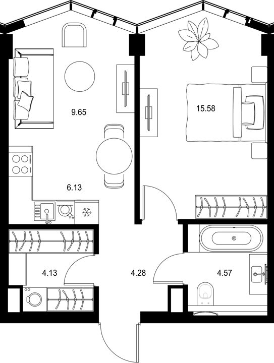 1-комнатная квартира, 44,3 м²
