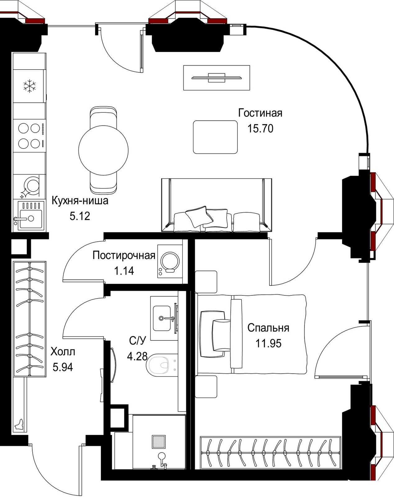 1-комнатная квартира, 44,1 м²
