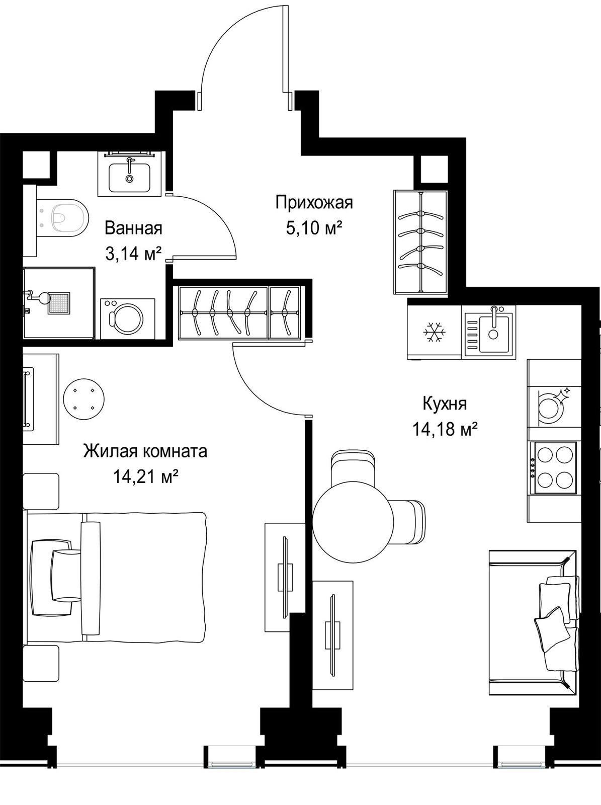 1-комнатная квартира, 36,6 м²