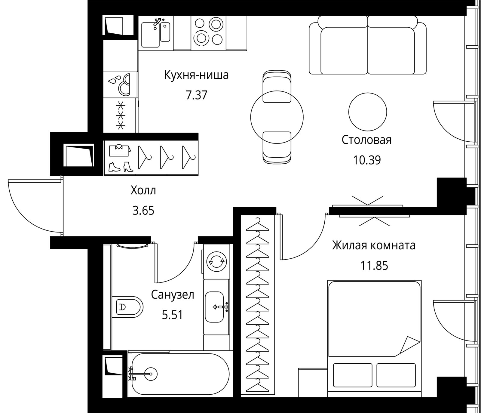 1-комнатная квартира, 38,8 м²