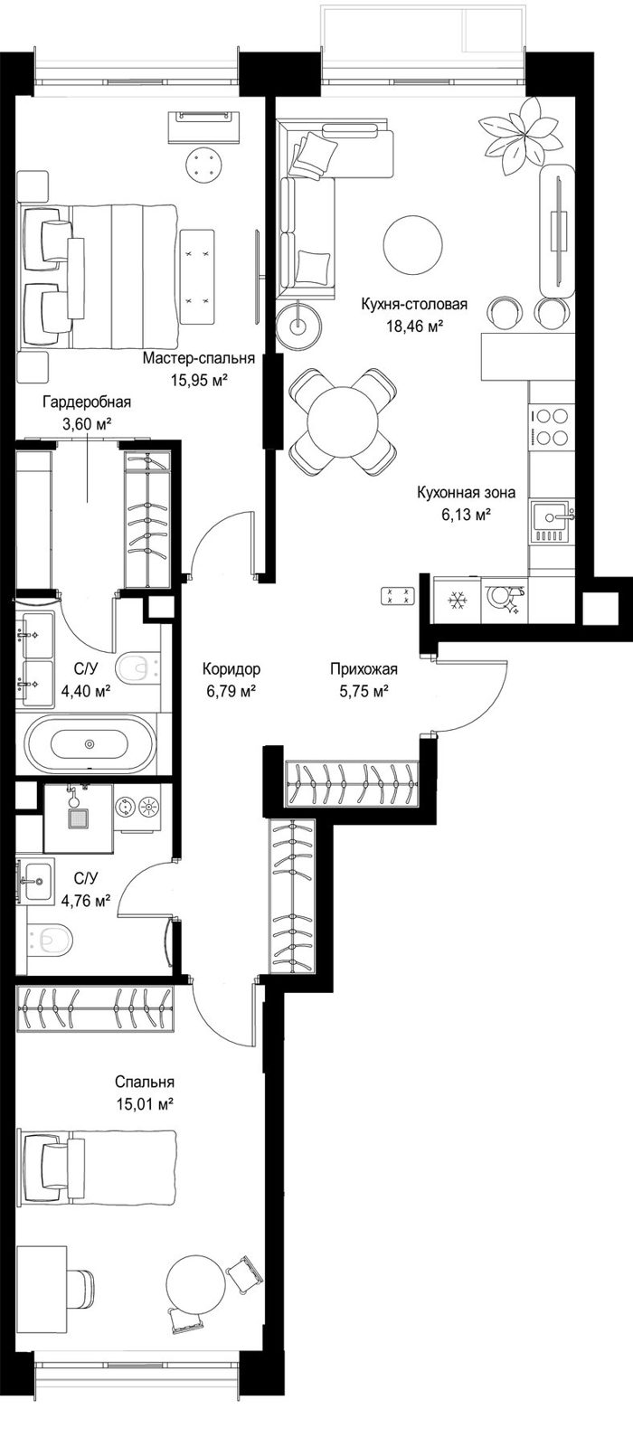 2-комнатная квартира, 80,8 м²