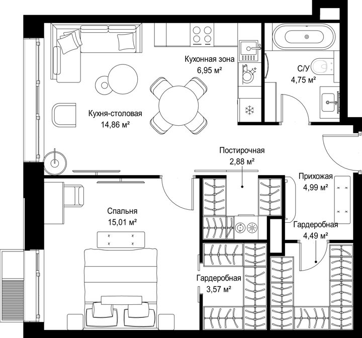 1-комнатная квартира, 57,5 м² — фото 1