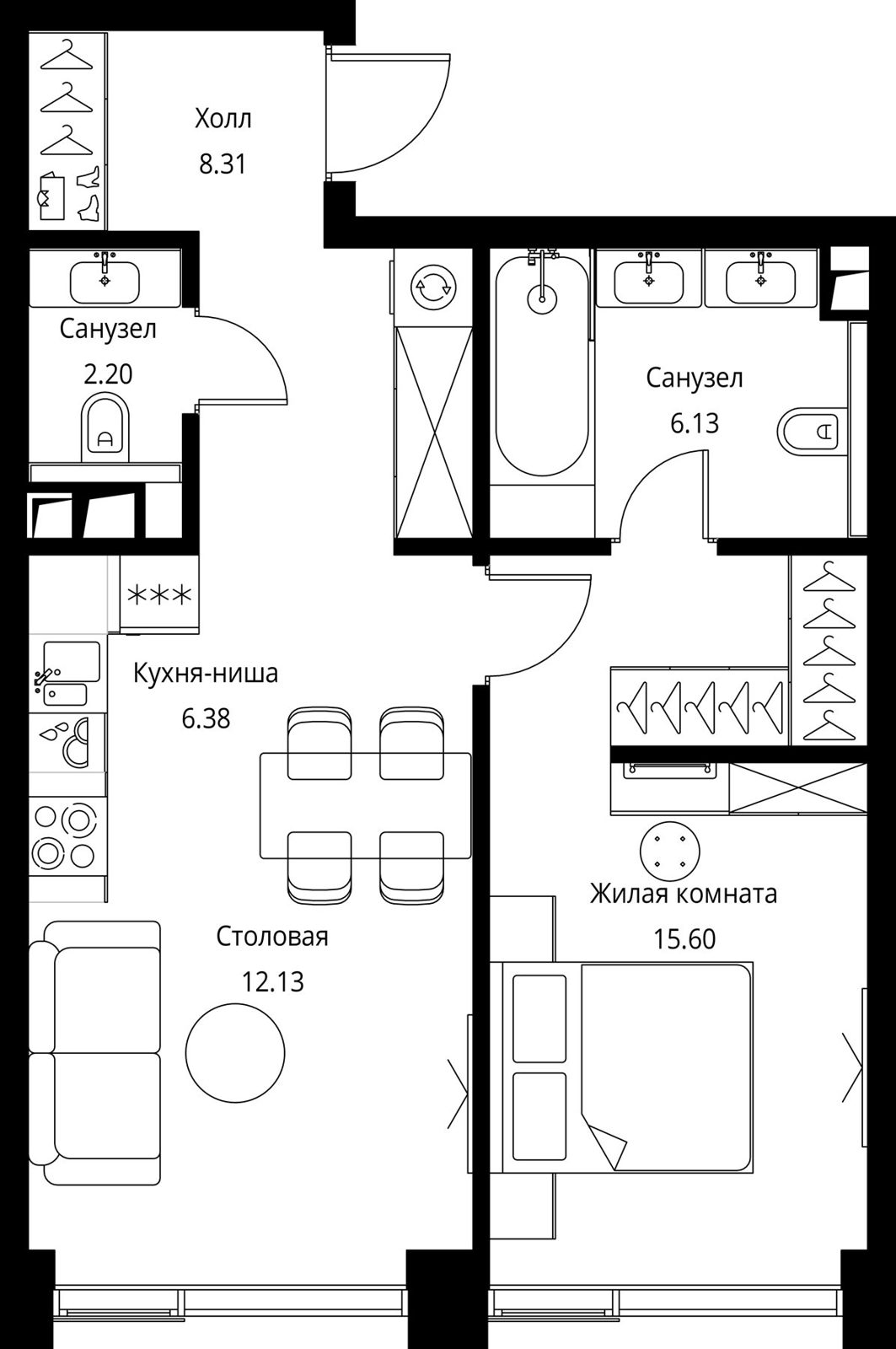 1-комнатная квартира, 50,8 м²