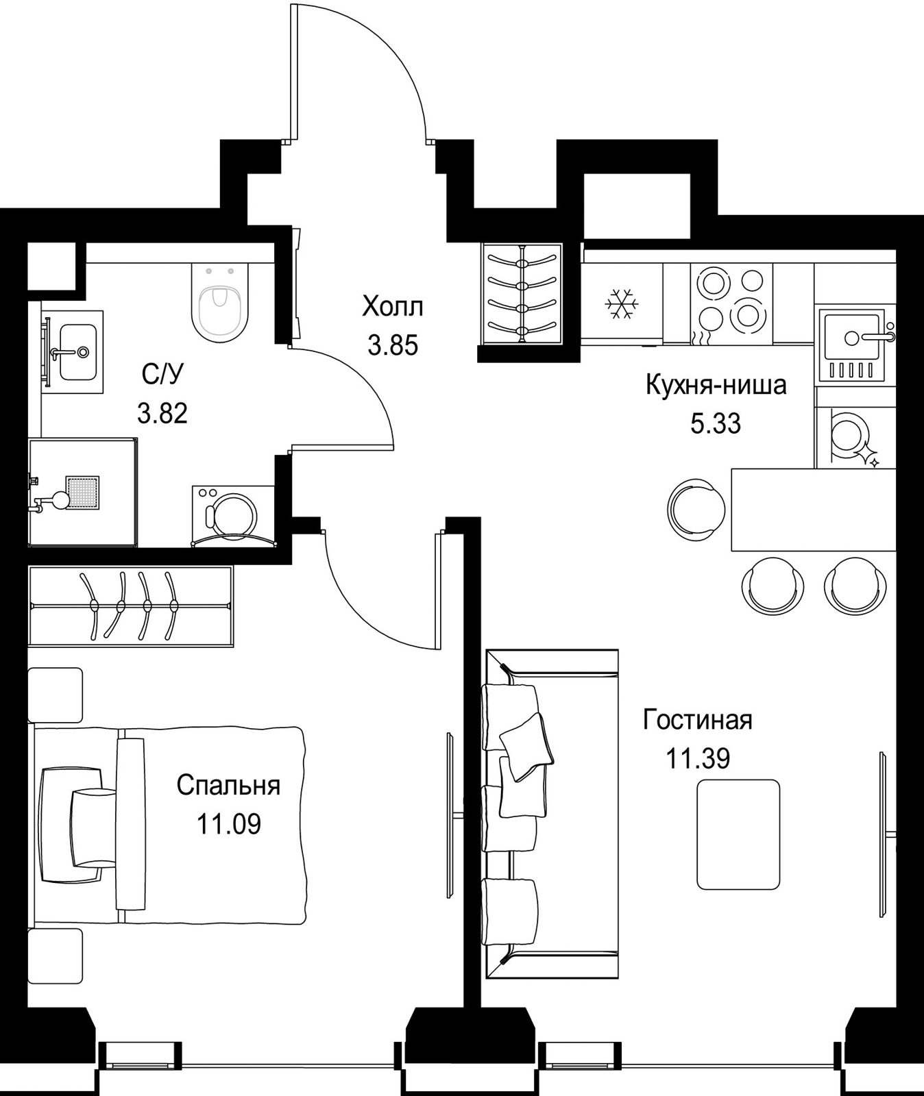 1-комнатная квартира, 35,5 м²