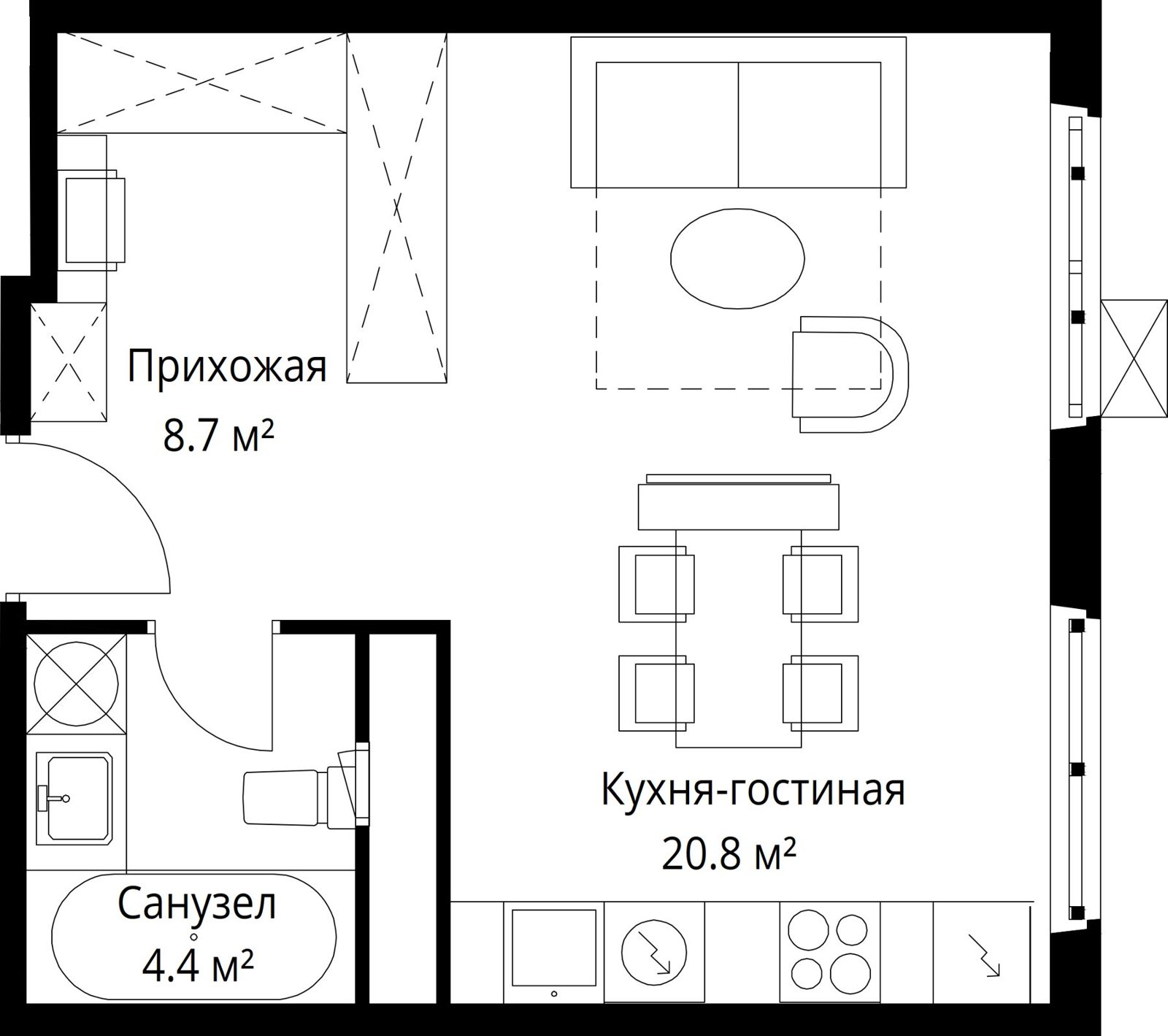 Квартира-студия, 33,9 м²
