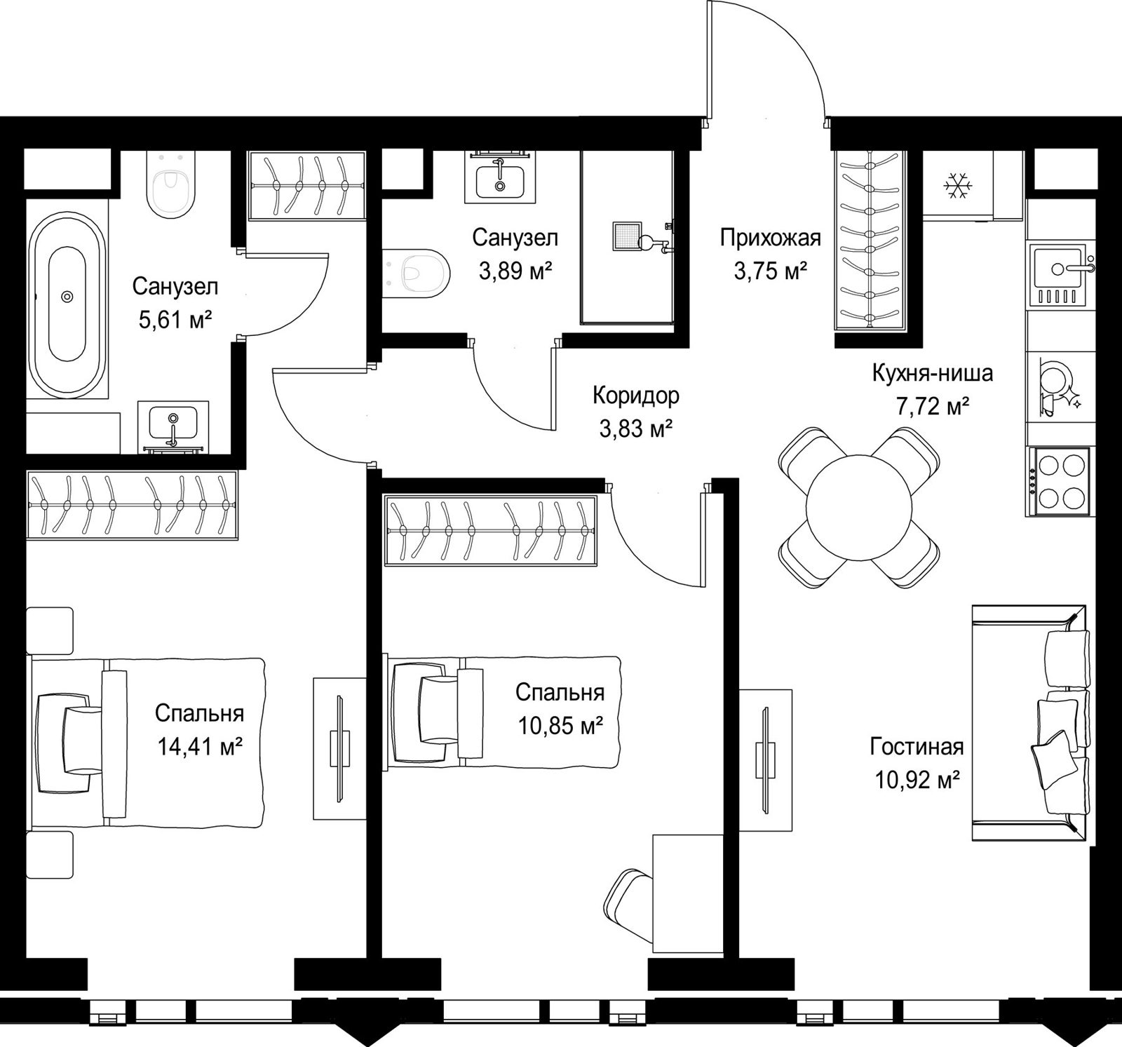 2-комнатная квартира, 61 м²