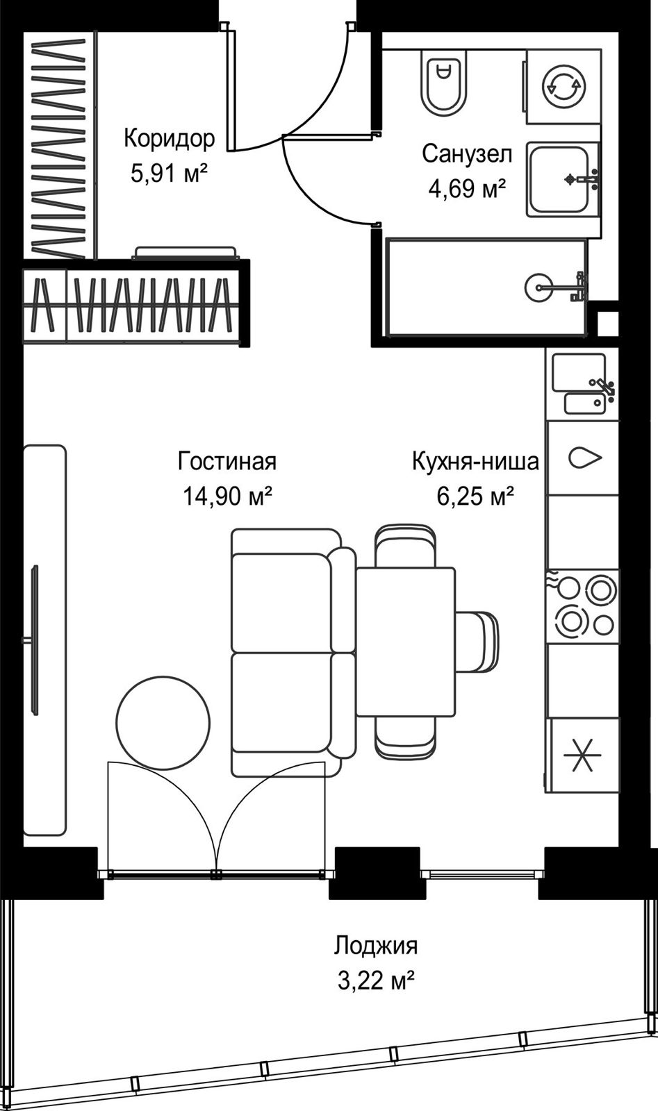 Квартира-студия, 35 м²