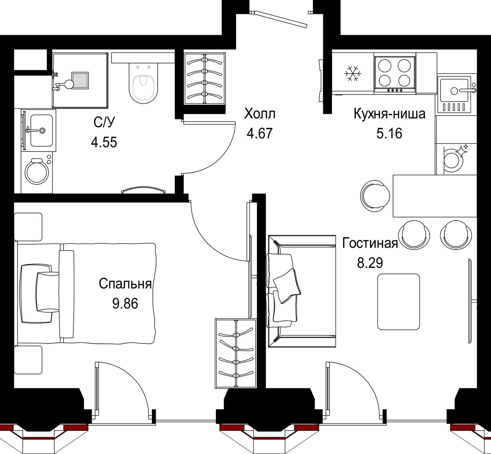 1-комнатная квартира, 32,5 м²