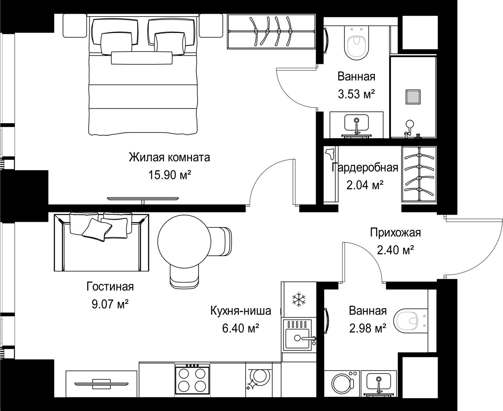 1-комнатная квартира, 42,3 м²