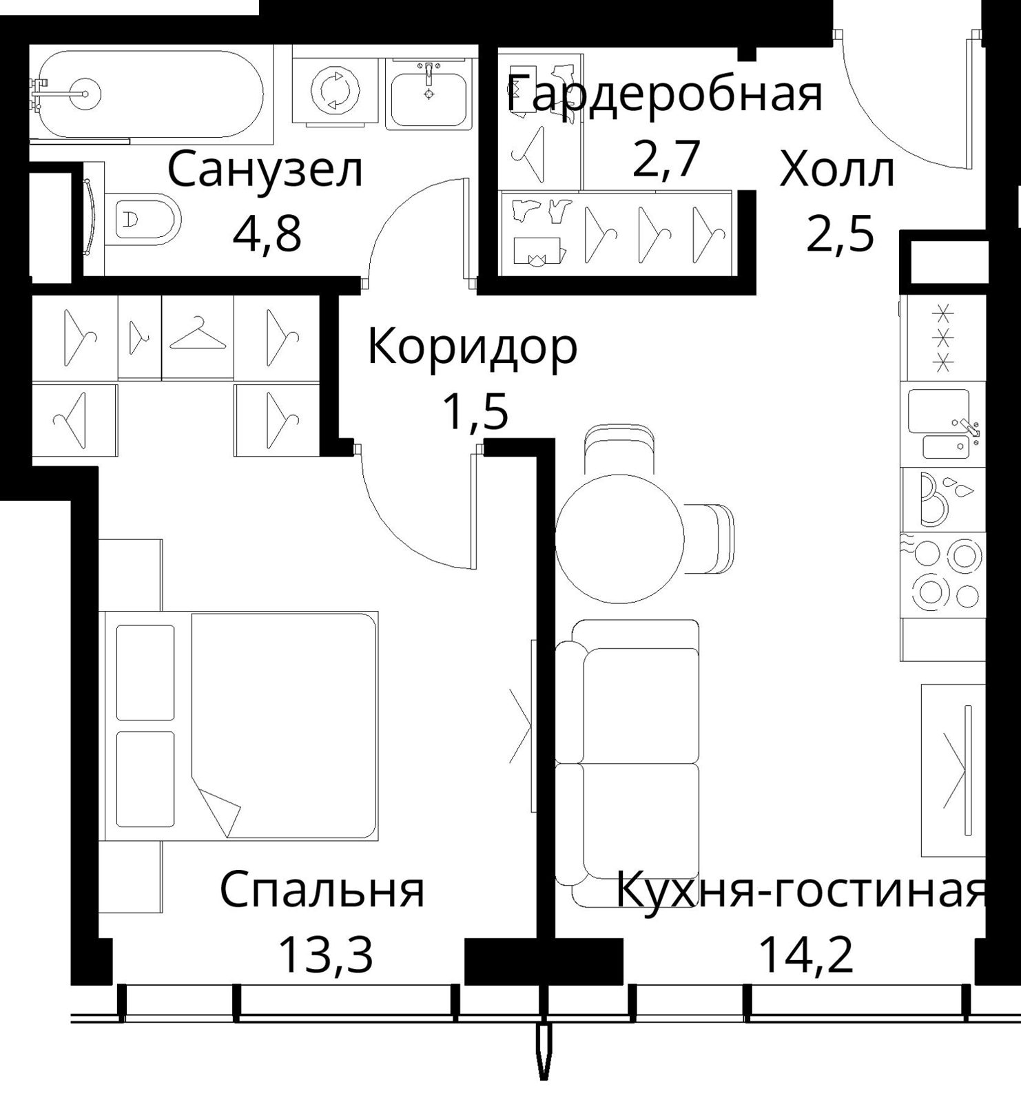1-комнатная квартира, 39 м²