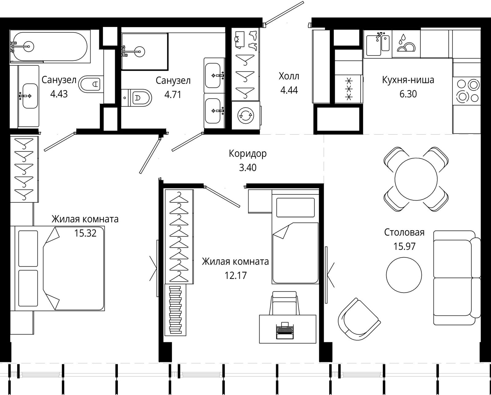 2-комнатная квартира, 66,8 м²