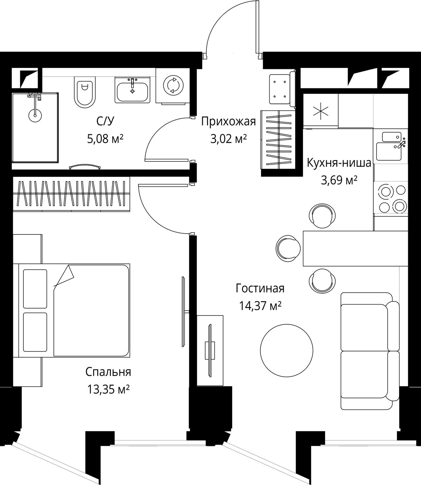 1-комнатная квартира, 39,2 м²