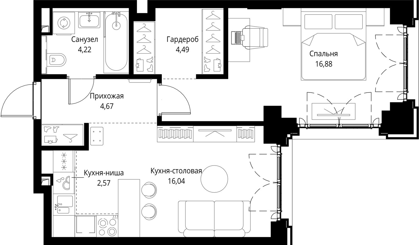 1-комнатная квартира, 48,9 м²