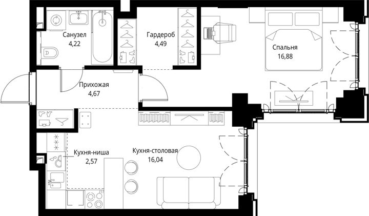 1-комнатная квартира, 48,9 м² — фото 1